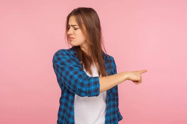 Get Out Portrait Resentful Offended Girl Checkered Shirt Frowning Anger — Stock Photo, Image