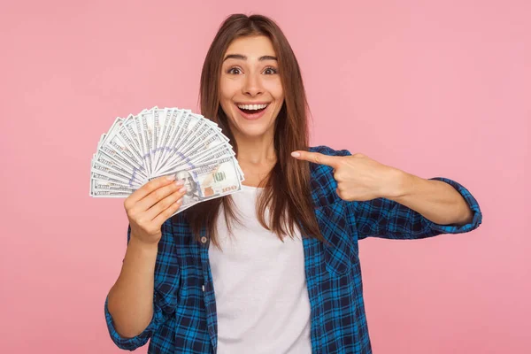 Portrait Joyful Lucky Girl Casual Shirt Happy Hold Lot Money — Stock Photo, Image
