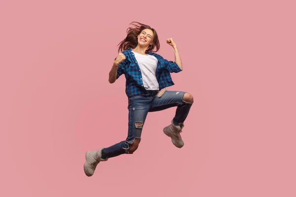 Full Length Overjoyed Ecstatic Stylish Girl Jumping Air Gesturing Did — Stock Photo, Image