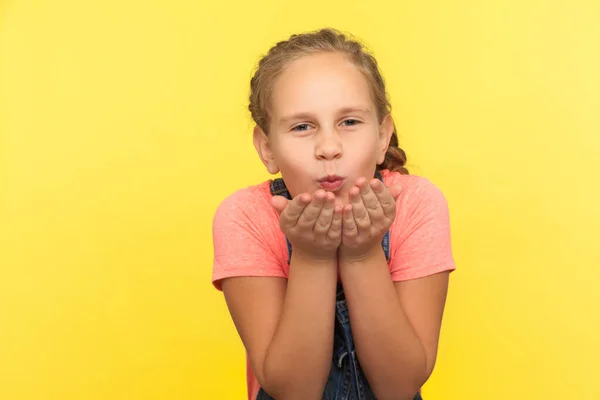 Portrait Charming Sweet Little Girl Braid Denim Overalls Sending Air — Stock Photo, Image