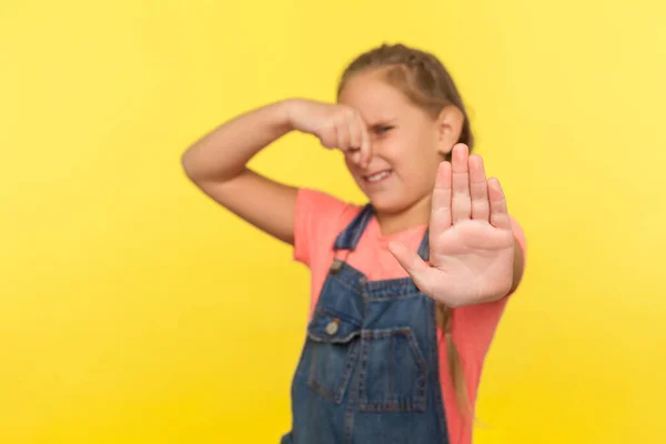 Awful Smell Little Girl Braid Denim Overalls Holding Breath Pinching — Stock Photo, Image
