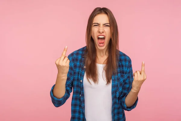 Portrait Enraged Vulgar Girl Checkered Shirt Showing Middle Finger Impolite — Stock Photo, Image
