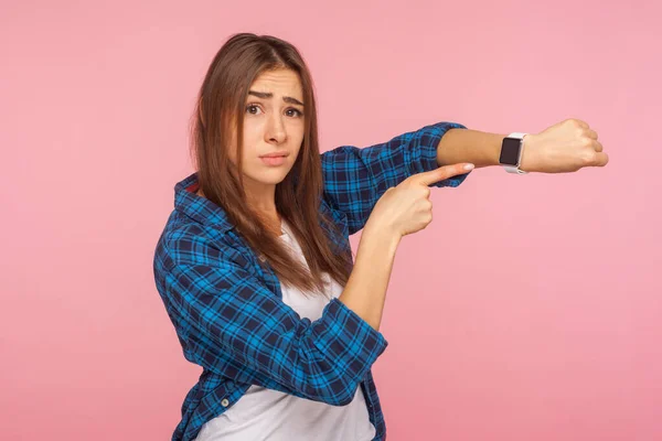 Late Portrait Impatient Young Woman Checkered Shirt Pointing Wrist Watches — Stock Photo, Image