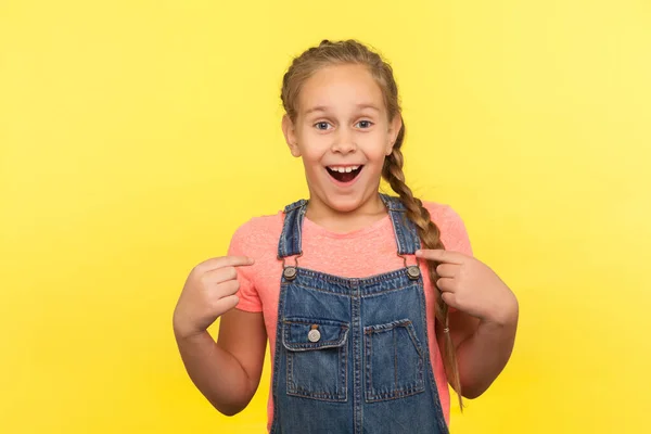 Wow Awesome Amazed Little Girl Denim Overalls Pointing Herself Feeling — Stock Photo, Image