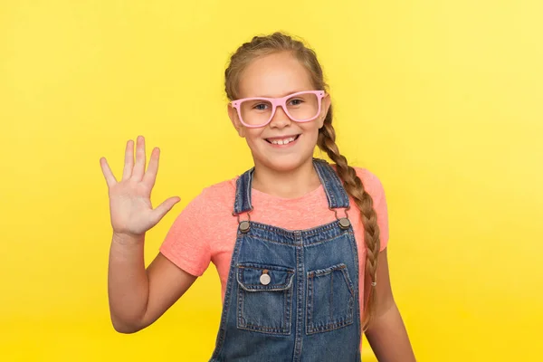 Hello Portrait Happy Little Girl Wearing Pink Eyeglasses Gesturing Raised — Stock Photo, Image