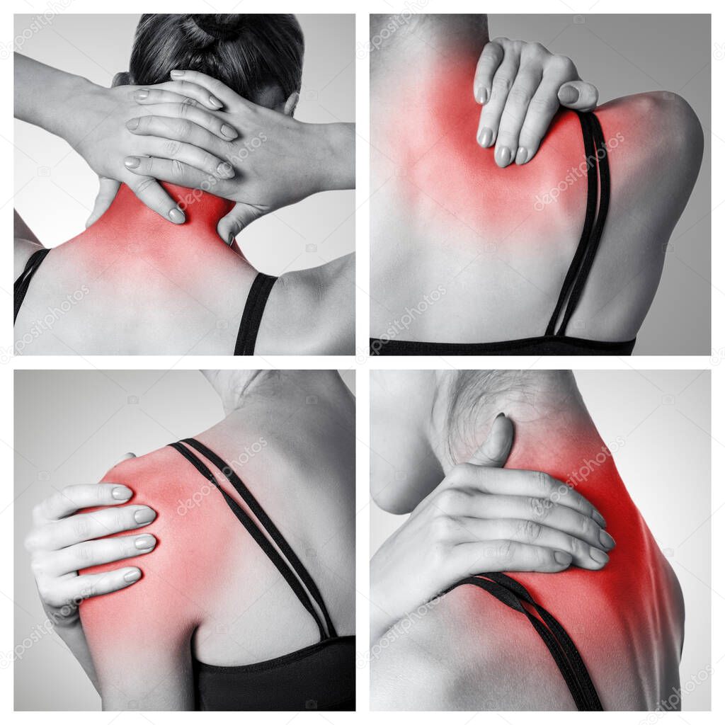 Closeup collage view of pain on human back side. neck, shoulder or back pain. medicine and healthcare concept. naked woman holding her painful neck. indoor studio shot isolated on gray background.