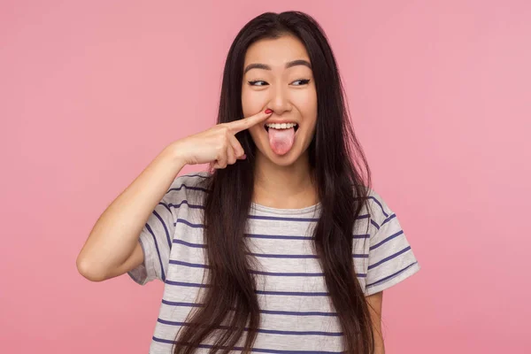 Portrait Funny Comical Girl Long Hair Striped Shirt Picking Nose — Stock Photo, Image