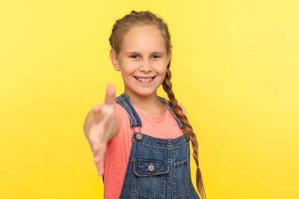 Portrait Sociable Happy Little Girl Braid Denim Overalls Smiling Friendly — Stock Photo, Image