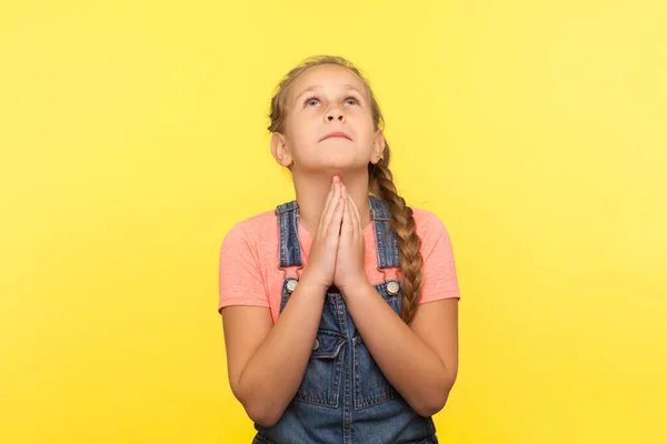 Portrait Imploring Little Girl Denim Overalls Looking Praying God Pleading — Stock Photo, Image