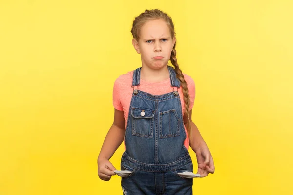 Portrait Upset Little Girl Braid Denim Overalls Turning Out Empty — Stock Photo, Image