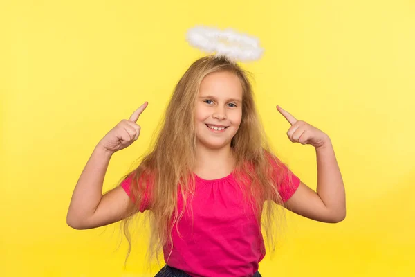 Portrait Adorable Happy Little Girl Long Fair Hair Pointing Angelic — Stock Photo, Image