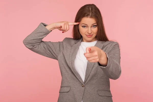 You Insane Out Mind Portrait Young Woman Business Suit Showing — Stockfoto