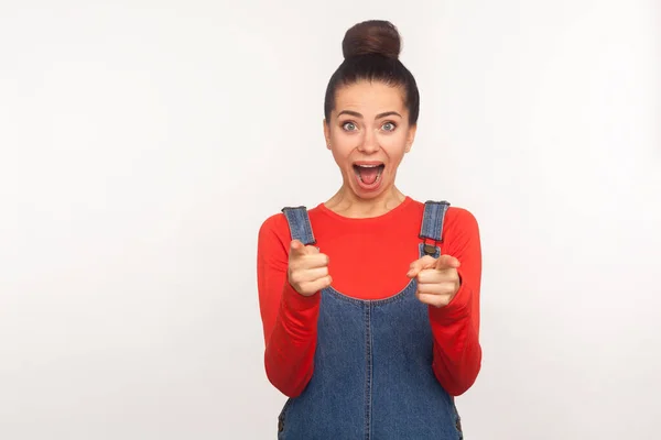 Wow Hey You Portrait Surprised Optimistic Stylish Pretty Girl Denim — Stock Photo, Image