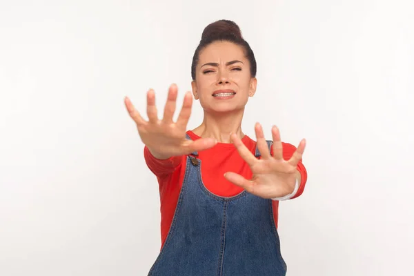 Stop Afraid Portrait Scared Girl Hair Bun Denim Overalls Holding — Stock Photo, Image