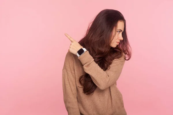 Get Out Portrait Annoyed Young Woman Brunette Wavy Hair Madly — Stock Photo, Image