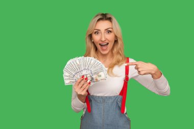 Vay canına, çok param var! Dolar banknotlarını işaret eden zengin bir kadının portresi ve şaşırmış bir ifadeyle, banka kredisiyle, finansal tasarruflarla şok olmuş bir şekilde bakması. Stüdyo çekimi yeşil arkaplanda izole edildi