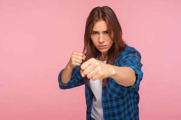 Portrait Confident Strong Girl Checkered Shirt Standing Clenched Fists Defensive — Stock Photo, Image