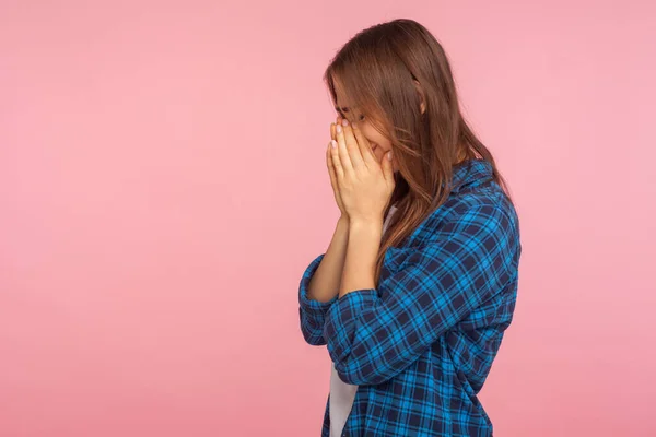 Side View Frustrated Girl Checkered Shirt Holding Head Crying Depression — Stock Photo, Image