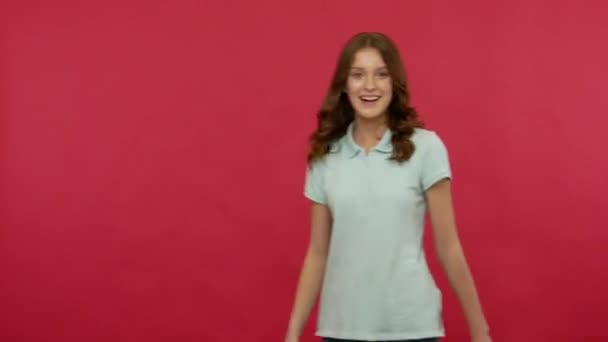 Amazing Optimistic Woman Polo Shirt Going Out Red Background Greeting — Stock Video