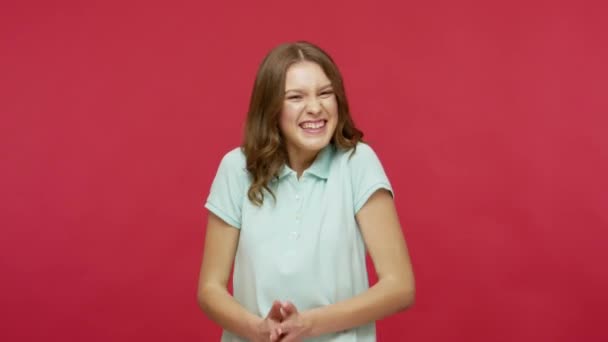 Hilarious Laughter Carefree Positive Young Brunette Woman Polo Shirt Laughing — Stock Video