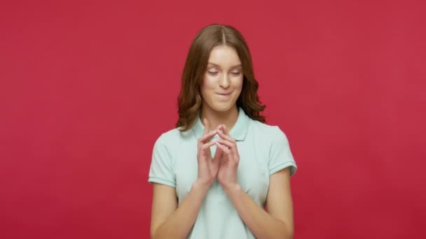 Beautiful Cunning Young Woman Polo Shirt Having Tricky Plan Mind — Stock Video