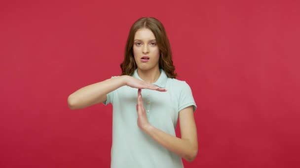 Stop Need Break Tired Unhappy Young Brunette Woman Polo Shirt — Stock Video