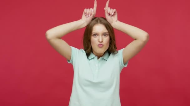 Positive Playful Young Brunette Woman Polo Shirt Standing Bull Horn — Stock Video