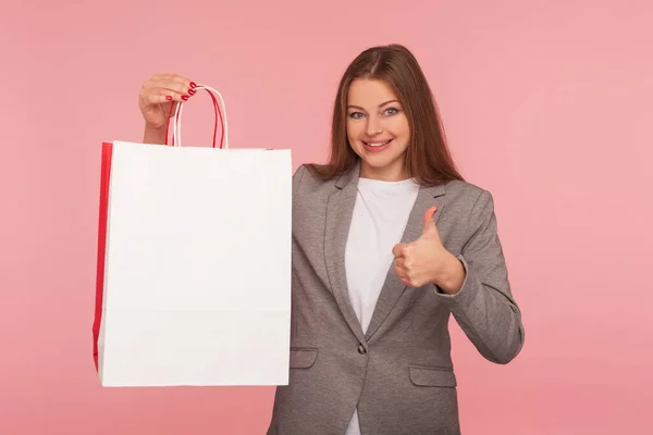 Gosto Fazer Compras Retrato Mulher Negócios Elegante Feliz Jaqueta Terno — Fotografia de Stock