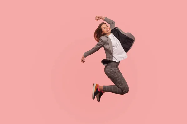 Champion Portrait Enthusiastic Ecstatic Happy Businesswoman Elegant Suit Jumping Carefree — Stock Photo, Image