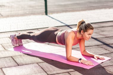 Uzun boylu, dar pantolonlu, dar pantolonlu bir kız yaz günü açık havada mükemmel bir tahta egzersizi yapıyor ve motive olmuş görünüyor, pilates antrenmanına konsantre oluyor. Sağlık, spor faaliyetleri