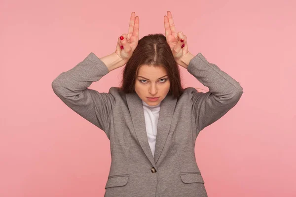 Dangerous Portrait Aggressive Young Woman Business Suit Standing Bull Horn — Stock Photo, Image