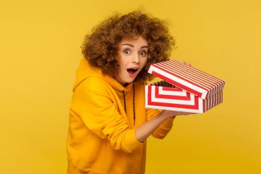 Portrait of funny, shocked curly-haired woman in hoodie looking at camera with amazed expression and holding opened gift box, surprised by birthday present. studio shot isolated on yellow background clipart