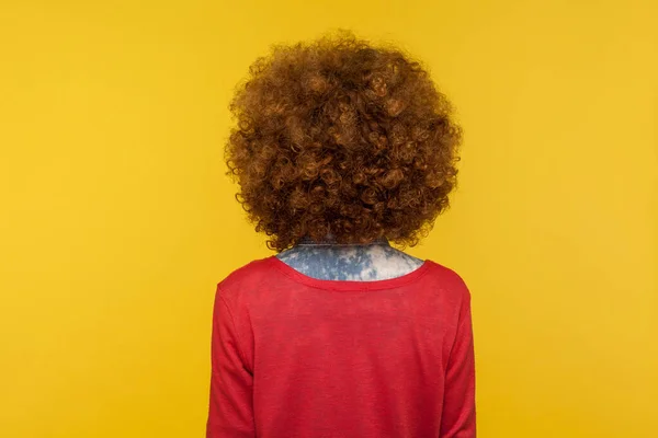 カジュアルな赤のプルオーバー立っている女性のバックビューと彼女のふわふわの巻き毛 広告美容室 ヘアコスメティック シャンプーを示しています 黄色の背景に隔離された屋内スタジオで — ストック写真