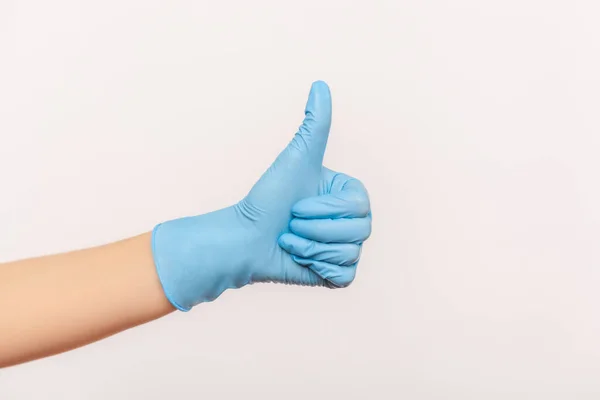 Profil Seitenansicht Nahaufnahme Menschlicher Hand Blauen Handschuhen Die Wie Oder — Stockfoto