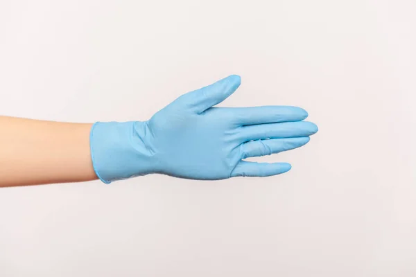 Profile Side View Closeup Human Hand Blue Surgical Gloves Giving — Stock Photo, Image