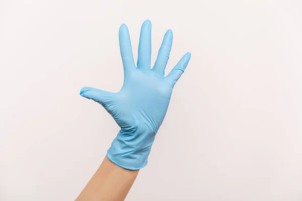 Profile Side View Closeup Human Hand Blue Surgical Gloves Showing — Stock Photo, Image