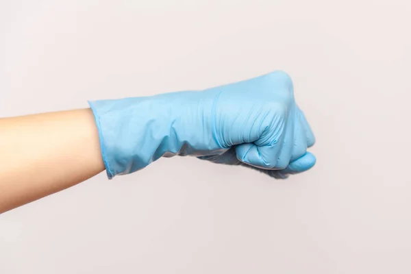 Profile Side View Closeup Human Hand Blue Surgical Gloves Showing — Stock Photo, Image