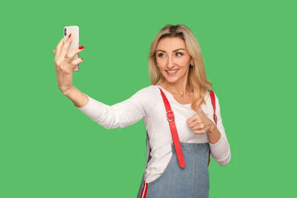 Portrait Optimistic Adult Woman Friendly Smile Taking Selfie Smartphone Showing — Stock Photo, Image