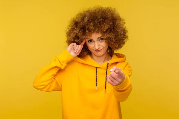 You Crazy Portrait Curly Haired Woman Urban Style Hoodie Making — Zdjęcie stockowe
