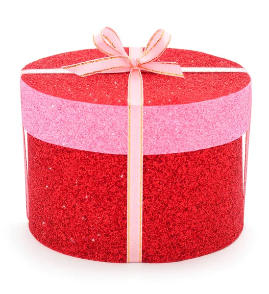 Caja de regalo roja con cinta rosa . — Foto de Stock