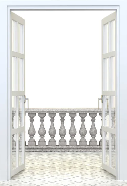 Balcone con balaustra in cemento su sfondo bianco - 3d rend — Foto Stock