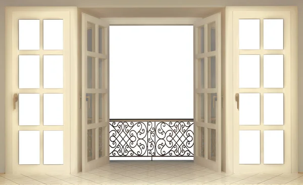 Porta Finestra Con Balcone Con Reticolo Modellato Sfondo Bianco Rendering — Foto Stock
