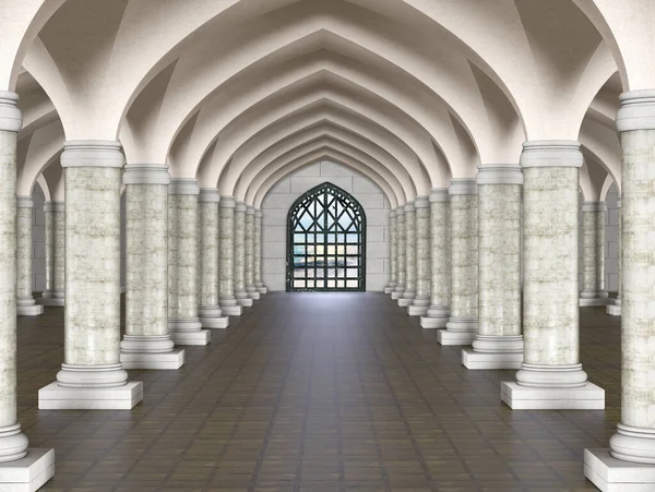 有石柱 拱形天花板和瓷砖地板的画廊 用于照片墙纸和背景3D插图3D渲染 — 图库照片