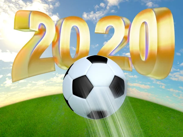 Fotboll Mästerskapet 2020 Rendering Fotboll Flyger Till Himlen Guld Bokstäver — Stockfoto