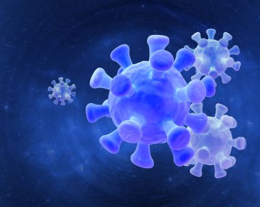Covid-19 arka plan, Coronavirus influenza salgını - mavi bulanıklık üzerine 3D çizim