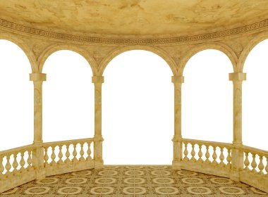 Beyaz zemin üzerinde bir balustrad ile yarı dairesel kemerli teras 3D görüntüleme