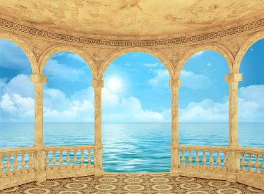 Yarı daire kemerli 3D terasdan deniz manzarası