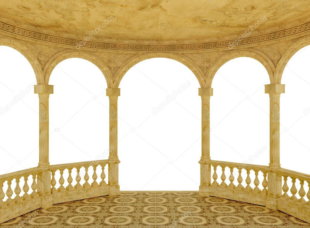 Semicircular arched terrace with a balustrade on a white background 3d rendering