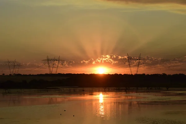 High Voltage Power Lines Sunset Pampas Argentina — Stock Photo, Image