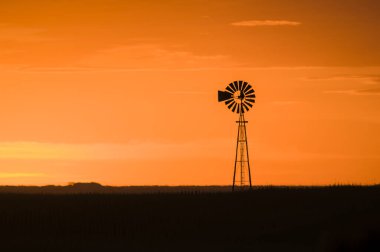 Gün batımında yel değirmeni, Pampas, Patagonya, Arjantin.